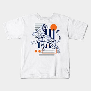 Retro 80s Orange & Blue Tiger on the Attack // Vintage Geometric Shapes Background Kids T-Shirt